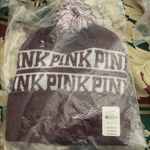 VS PINK Maroon Logo PomPom Beanie Y2K - Picture 1 of 1
